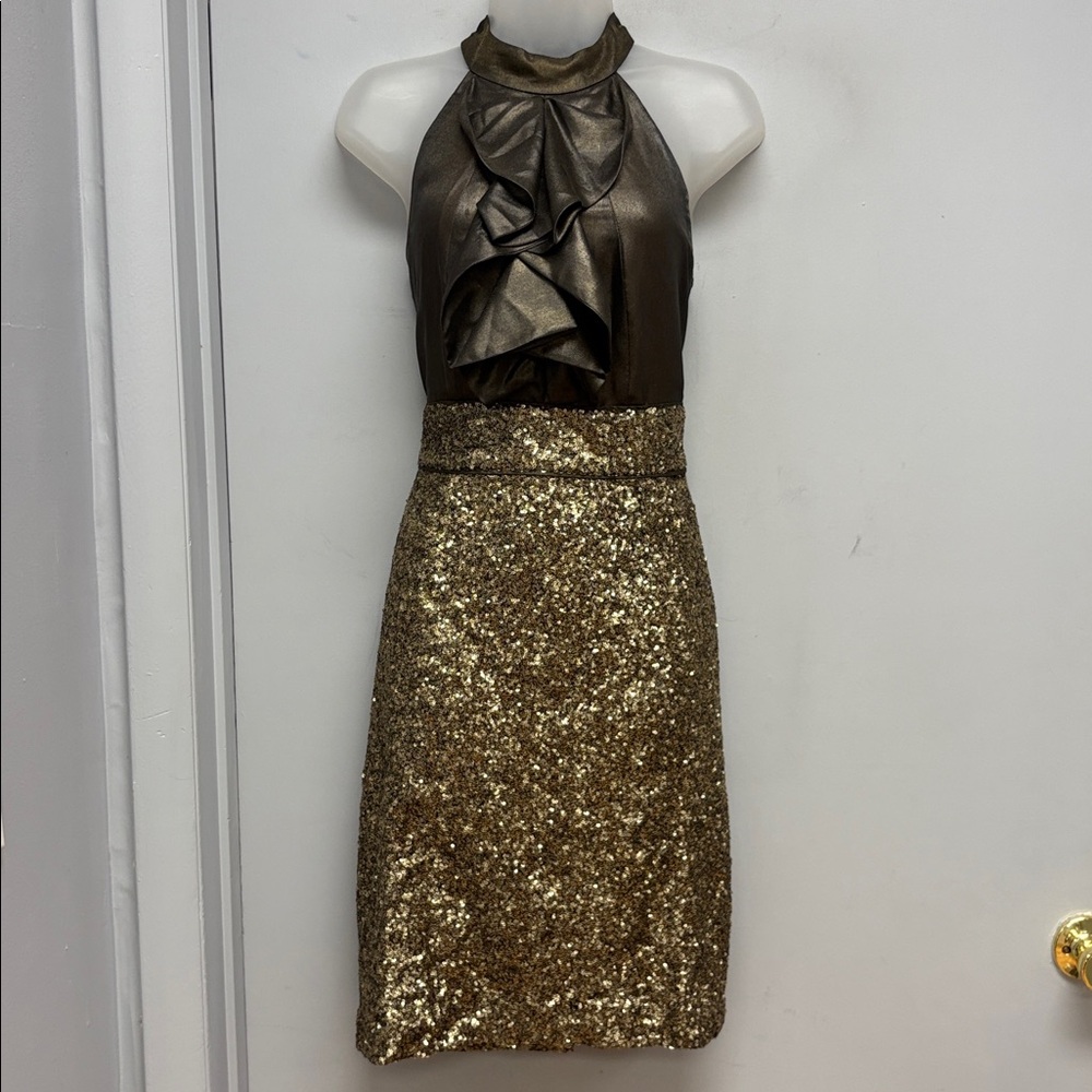 Antonio Melani Metallic Halter Sequin Dress – Bronze & Gold | Size 8